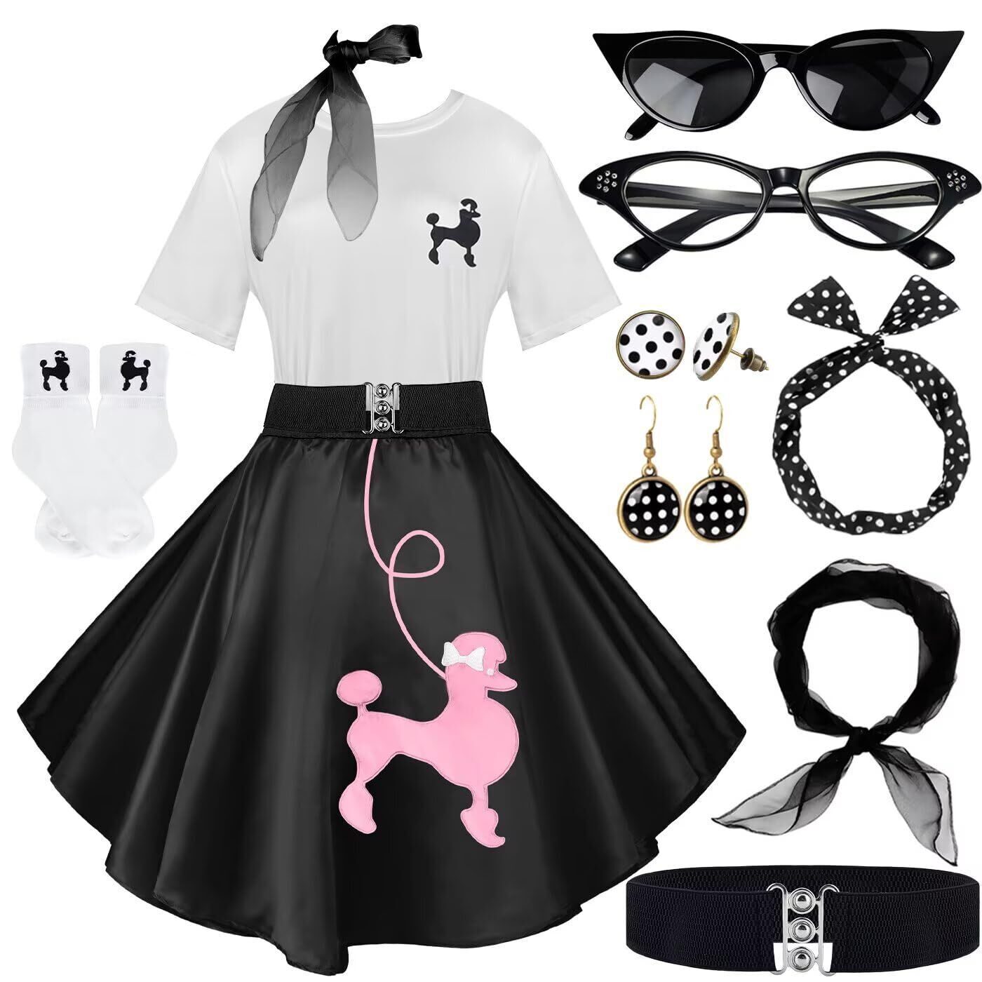 7692 10pcs Sock Hop Outfits Costume Women, 1950s Poodle Skirts,